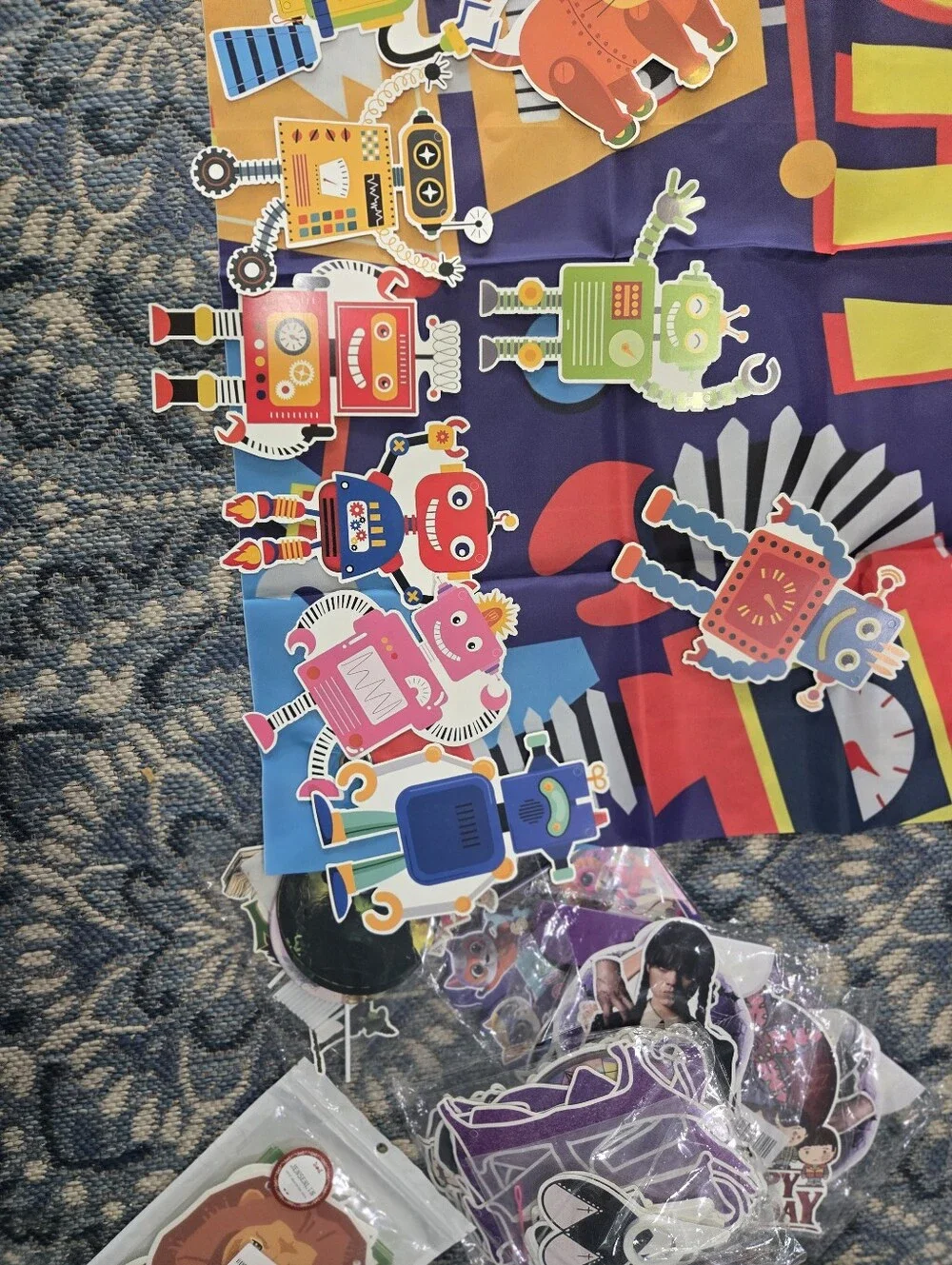 Happy Birthday Robot Banner - Purple and Yellow Party Backdrop